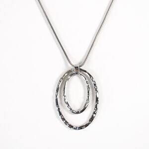 Oval Pendant Snake Chain Link Necklace Token Medal Hammered Metal Jewelry Silver